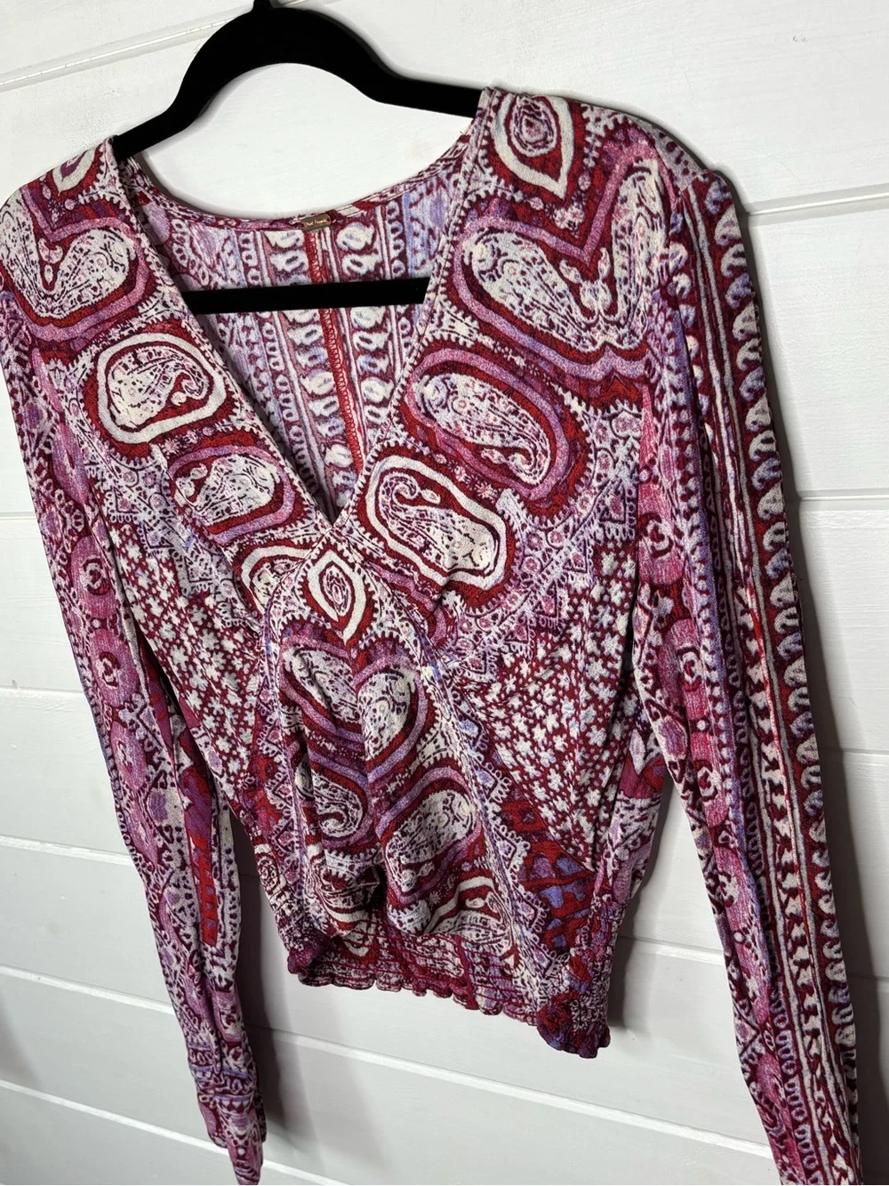 Free People Paisley Boho Deep V Smocked Top S/M Long Sleeve
